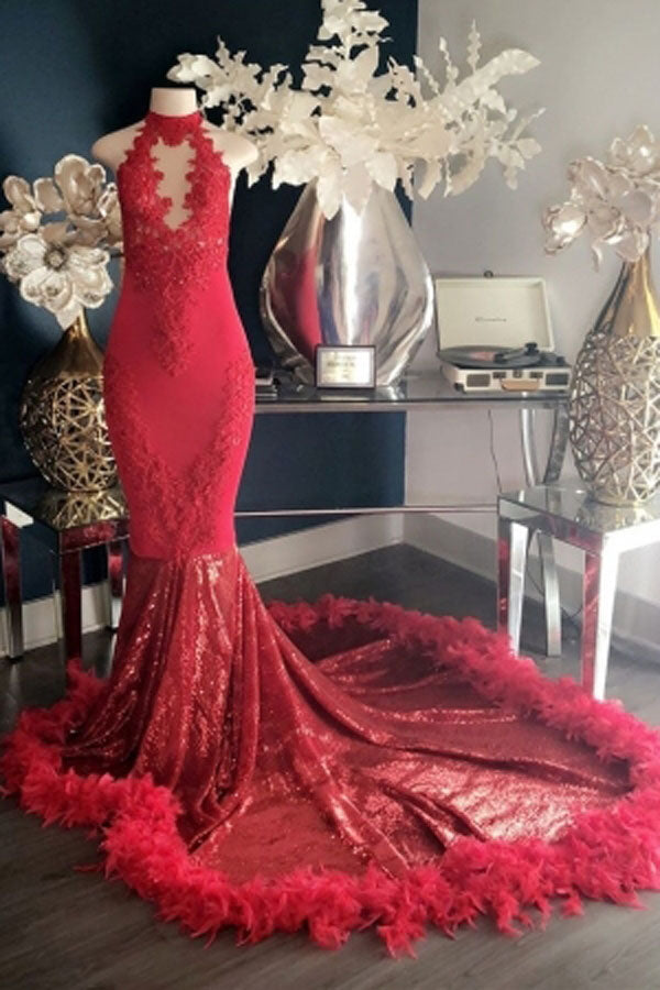 strapless open back dress Fabulous Red Lace High-neck Mermaid Long Prom Dresses with Feather, SP467 –  Simidress