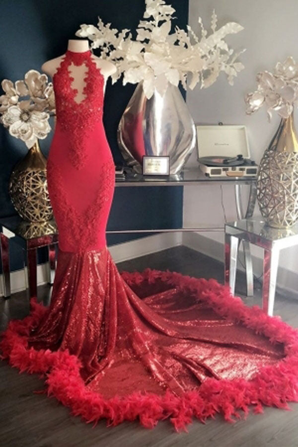 Fabulous Red Lace High-neck Mermaid Long Prom Dresses with Feather, SP467