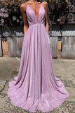 Charming Simple Spaghetti-Straps A-line V-neck Prom Dresses with Sequins, SP468