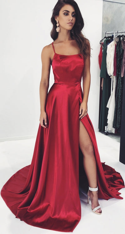 simidress.com offer Simple Burgundy A-Line Spaghetti Straps Prom Dresses with Side-Slit, SP470