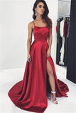 Simple Burgundy A-Line Spaghetti Straps Prom Dresses with Side-Slit, SP470