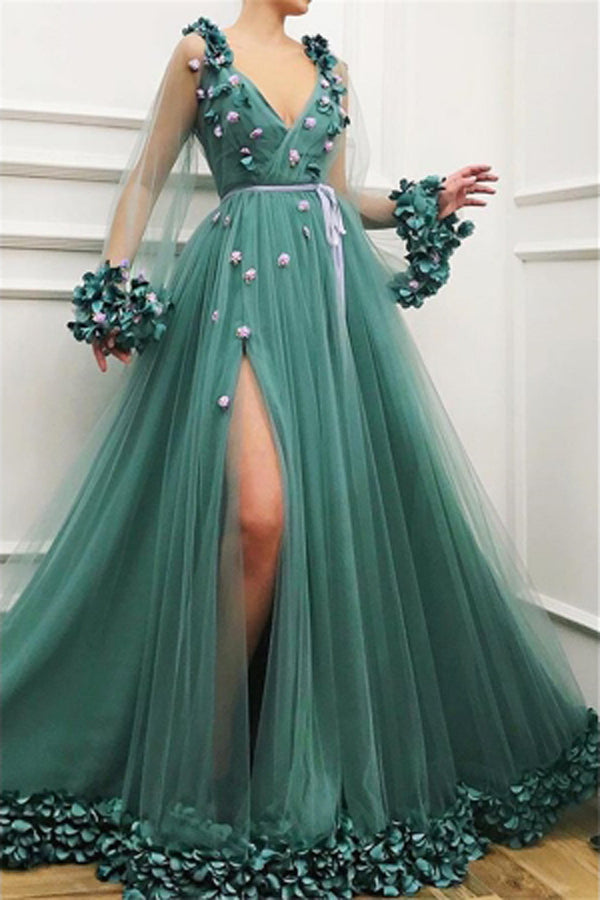 Gorgeous Green A-Line V-Neck Tulle Long Sleeve Side Slit Prom Dresses, SP471