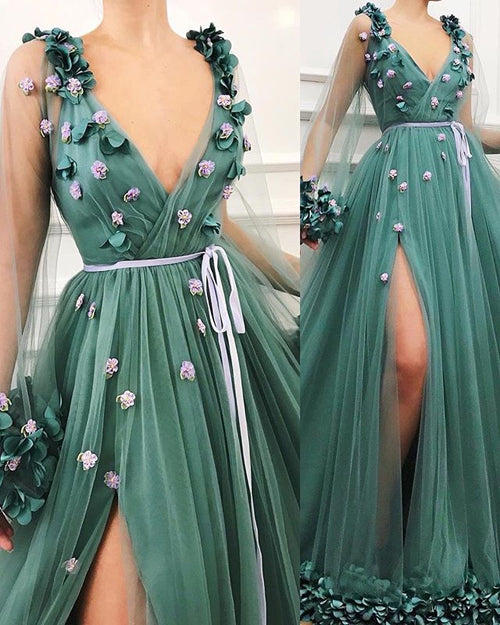 simidress.com offer Gorgeous Green A-Line V-Neck Tulle Long Sleeve Side Slit Prom Dresses, SP471