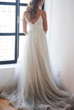 Charming Spaghetti Straps V-neck Tulle Lace Beach Wedding Dress Prom Dress, SP472