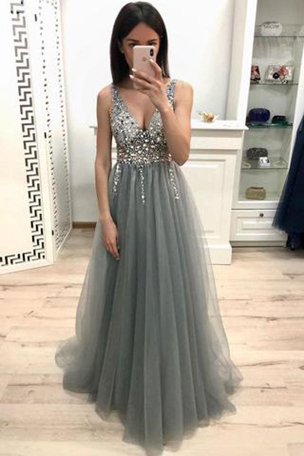 New Arrival Grey A-line Tulle V-neck Beaded Long Prom Dresses With Sequins, SP473