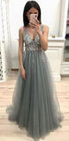 New Arrival Grey A-line Tulle V-neck Beaded Long Prom Dresses With Sequins, SP473|simidress.com