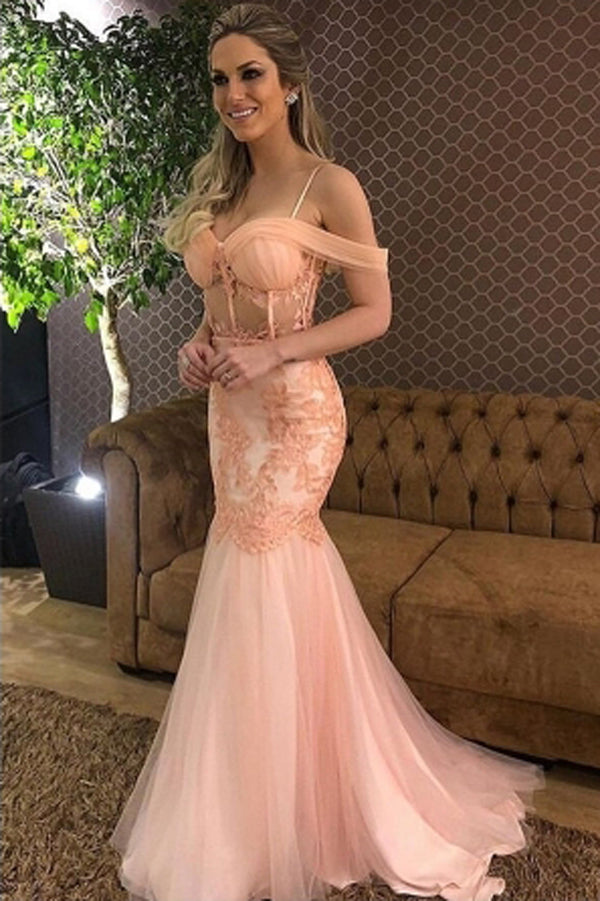 Elegant Pink Tulle Mermaid Off Shoulder Long Prom Dress with Lace Appliques, SP474