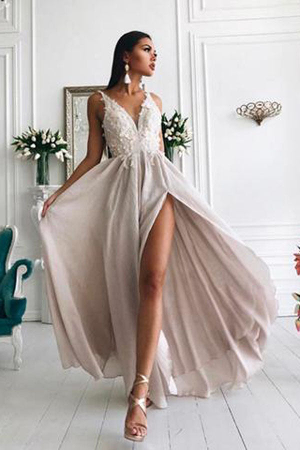 Simple Chiffon A-line V-neck Lace Prom Dress Evening Dresses with Side Slit, SP476|simidress.com