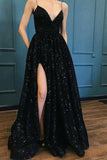 Black Spaghetti Straps Sequins Prom Dress Evening Dresses With Side Slit, SP477