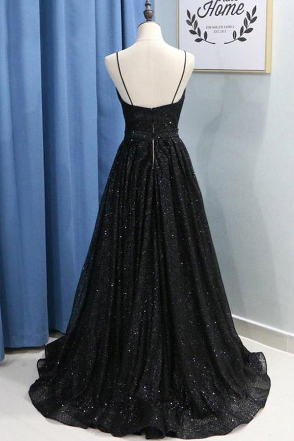 simidress.com offer Black Spaghetti Straps Sequins Prom Dress Evening Dresses With Side Slit, SP477