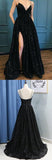 Black Spaghetti Straps Sequins Prom Dress Evening Dresses With Side Slit, SP477|simidress.com