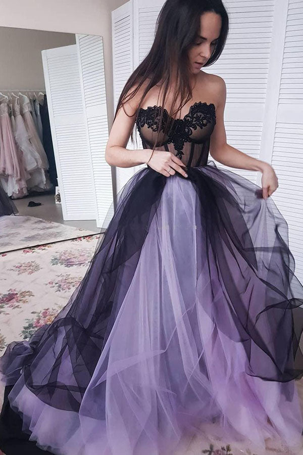 New Arrival A-line Tulle Sweetheart Beaded Long Prom Dresses with  Appliques, SP478  Simidress
