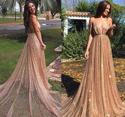 Fabulous Sparkly Lace Spaghetti Straps V-neck Prom Dresses Formal Dress, SP479|simidress.com