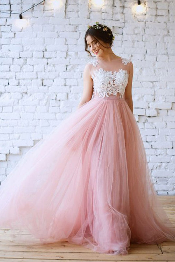 Charming Pink A-line Lace Tulle Prom Dresses Evening Dress with Appliques, SP480
