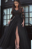 Glamorous Black Tulle Lace Long Sleeve Evening Dresses Prom Dresses with Slit, SP482