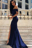 Navy Blue Mermaid Satin Off-the-Shoulder Sweep Train Formal Dresses with Split, SP483