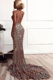 Shining Rose Gold Mermaid V-neck Backless Sequined Sweep Train Prom Dresses, SP484