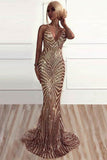 Shining Rose Gold Mermaid V-neck Backless Sequined Sweep Train Prom Dresses, SP484|simidress.com