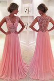 Pink Chiffon A-line V-neck Prom Dress Evening Dress with Court Train, SP485