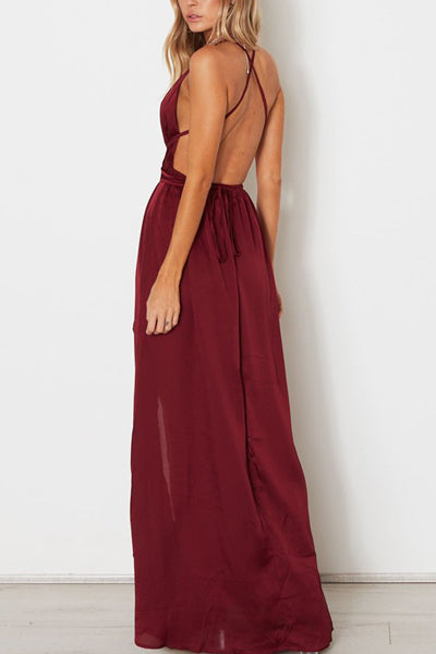 simidress.com | Burgundy Simple A-line V-neck Spaghetti Straps Long Prom Dresses with Slit, SP486