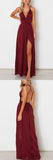 www.simidress.com offer Burgundy Simple A-line V-neck Spaghetti Straps Long Prom Dresses with Slit, SP486