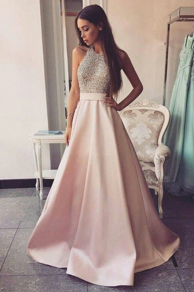 Elegant Beaded Pink Satin Ball Gown Round Neck Open Back Long Prom Dresses, SP488