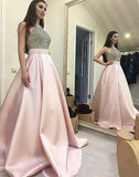 Elegant Beaded Pink Satin Ball Gown Round Neck Open Back Long Prom Dresses, SP488 | simidress.com