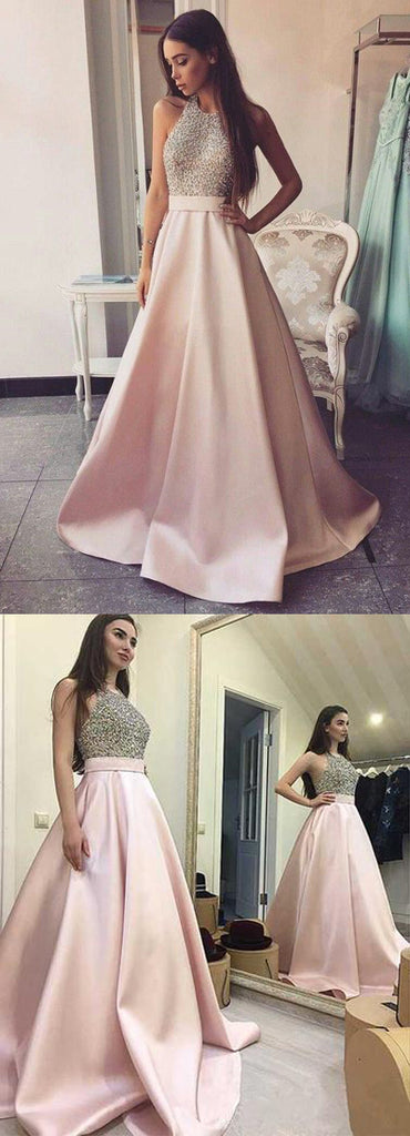 www.simidress.com offer Elegant Beaded Pink Satin Ball Gown Round Neck Open Back Long Prom Dresses, SP488