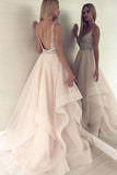 Pink Tulle Beaded Backless Princess Spaghetti Straps V-neck Prom Dresses, SP489