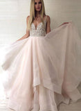 Pink Tulle Beaded Backless Princess Spaghetti Straps V-neck Prom Dresses, SP489 | simidress.com