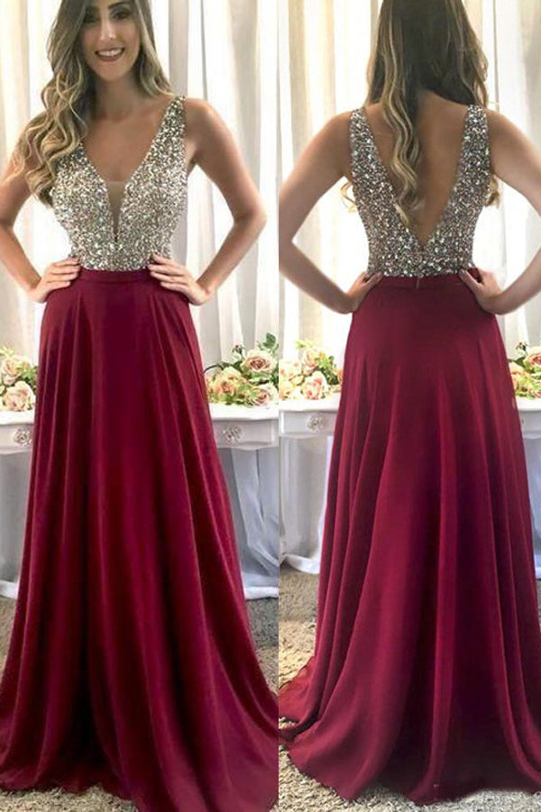Luxury Burgundy Chiffon Beaded A-line V-neck Floor Length Prom Dresses on line, SP491