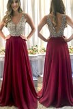 Luxury Burgundy Chiffon Beaded A-line V-neck Floor Length Prom Dresses on line, SP491