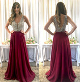 www.simidress.com | Luxury Burgundy Chiffon Beaded A-line V-neck Floor Length Prom Dresses on line, SP491