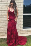 Mermaid Burgundy Lace V-neck Spaghetti Straps Prom Dresses, Evening Dresses, SP493