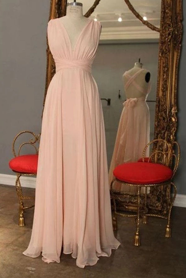 Simple Chiffon Cross Back V-neck A-line Long Prom Dresses Evening Gown, SP495