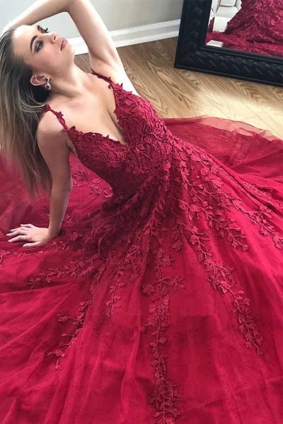 Fabulous Burgundy A-line V-neck Lace Long Prom Dress with Appliques, SP496