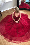 simidress.com | Fabulous Burgundy A-line V-neck Lace Long Prom Dress with Appliques, SP496