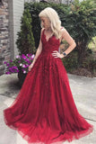 find Fabulous Burgundy A-line V-neck Lace Long Prom Dress with Appliques, SP496 at www.simidress.com