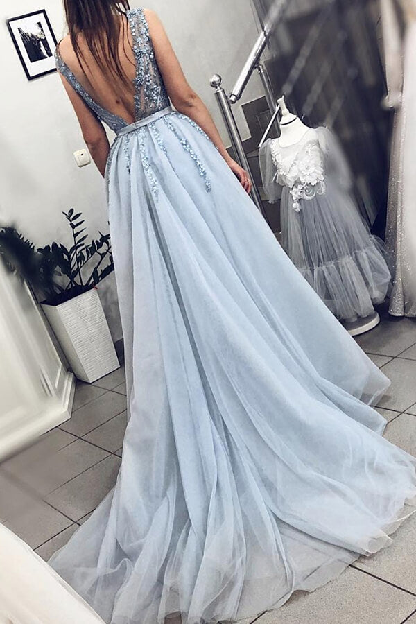 Beautiful Beaded Powder Blue A-line V-neck Plunging Neck Sweep Train Prom Dress, SP497 | Simidress.com