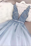 www.simidress.com | Beautiful Beaded Powder Blue A-line V-neck Plunging Neck Sweep Train Prom Dress, SP497