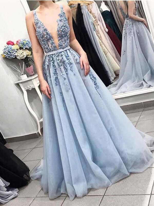 Beautiful Beaded Powder Blue A-line V-neck Plunging Neck Sweep Train Prom Dress, SP497 | prom dresses | evening dresses | formal dresses | Simidress