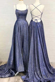 Simple Satin Blue Backless Lace Up Long Prom Dress With Sweep Train, SP498