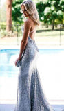 simidress.com | Silver Sparkly Sequins Mermaid V-neck Spaghetti Straps Prom Dress Party Dresses, SP499