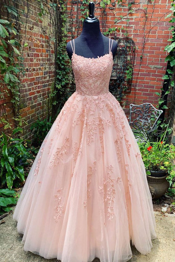 Unique Pink Tulle A-line V-neck Lace Long Prom Dresses Evening Dresses, SP500