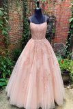 Unique Pink Tulle A-line V-neck Lace Long Prom Dresses Evening Dresses, SP500
