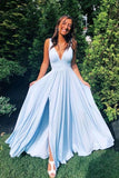 Simple Light Blue Chiffon A-line V-neck Long Prom Dresses with Side Slit, SP501