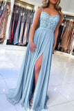 Charming Chiffon Light Blue Spaghetti Straps Prom Dresses with Side Slit, SP502