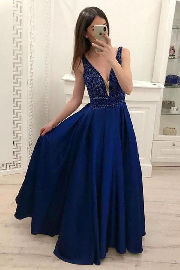 Dark Blue A-line V-neck Satin Beaded Floor Length Prom Dresses Evening Dress, SP503