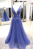 Blue Tulle A-line V-neck Long Prom Dresses Evening Dress With Lace Appliques, SP504