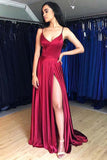 Hot Simple Satin Burgundy A-line Prom Dresses Evening Dresses With Side Slit, SP505